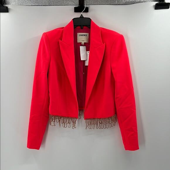 L'AGENCE Jen Crystal Fringe Cropped Blazer - Neon Coral - 6 - New with tags - Picture 1 of 10